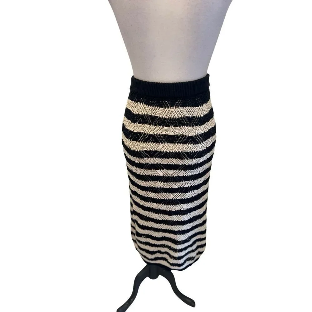 Freshman 1996 Women's Striped Crochet Knit Maxi Skirt Black Beige Small